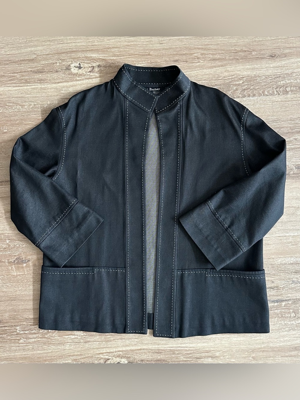 LIDA BADAY | SILK & COTTON DARK DENIM JACKET / BLAZER | OPEN FRONT | EUC SIZE 6
